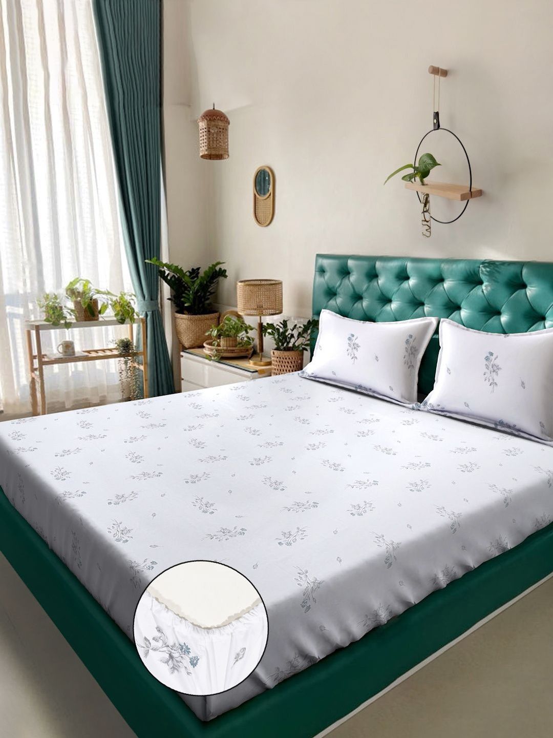 KLOTTHE White Floral 400 TC Bedsheet with 2 Pillow Covers-picture-42
