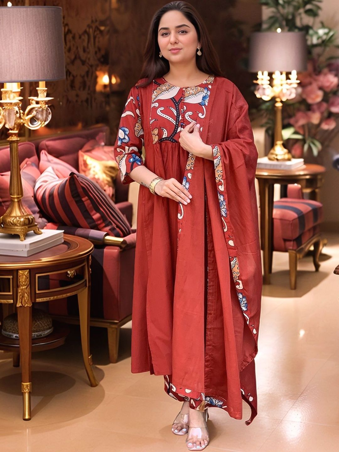 Aaghnya Ethnic Motifs Printed Empire A-Line Kurta With Trousers & Dupatta-picture-31
