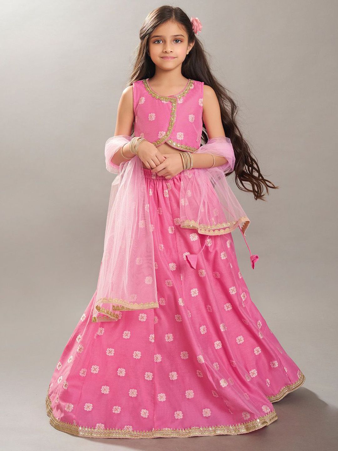 Bitiya by Bhama Girls Floral woven Design Ready to Wear Lehenga & Blouse With Dupatta-picture-35