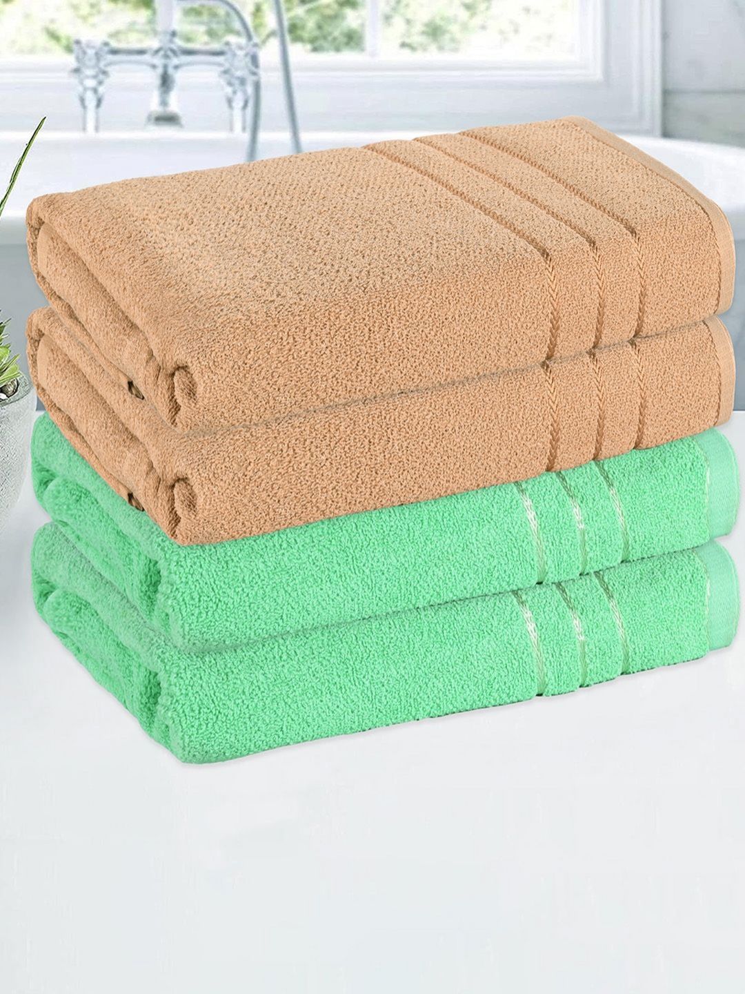 Aura Green & Brown 4 Pieces Striped Cotton 150 GSM Bath Towels-picture-33
