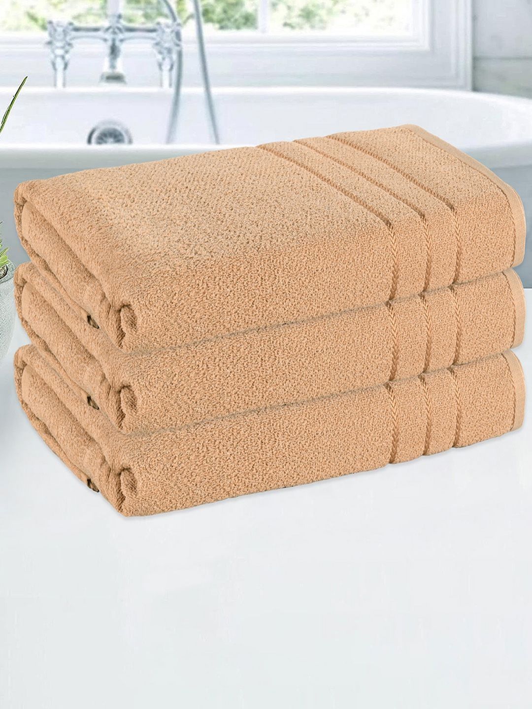 Aura Brown 3 Pieces Striped Cotton 150 GSM Bath Towels-picture-24