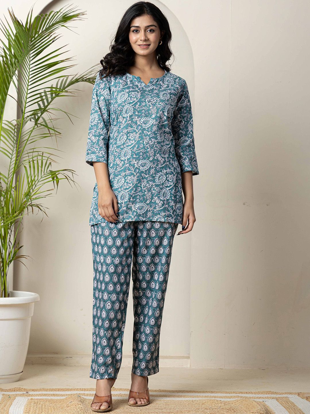 R RANAK CREATION Printed Notch Neck Pure Cotton Tunic with Trousers-picture-33