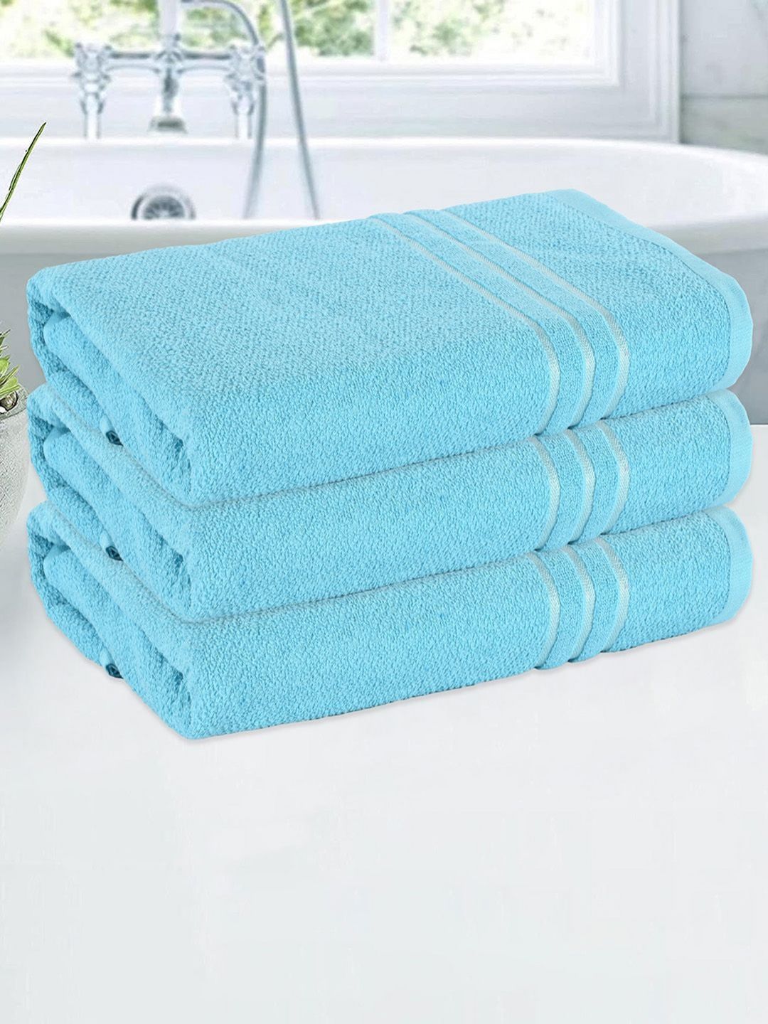 Aura Blue 3 Pieces Striped Cotton 150 GSM Bath Towels-picture-41