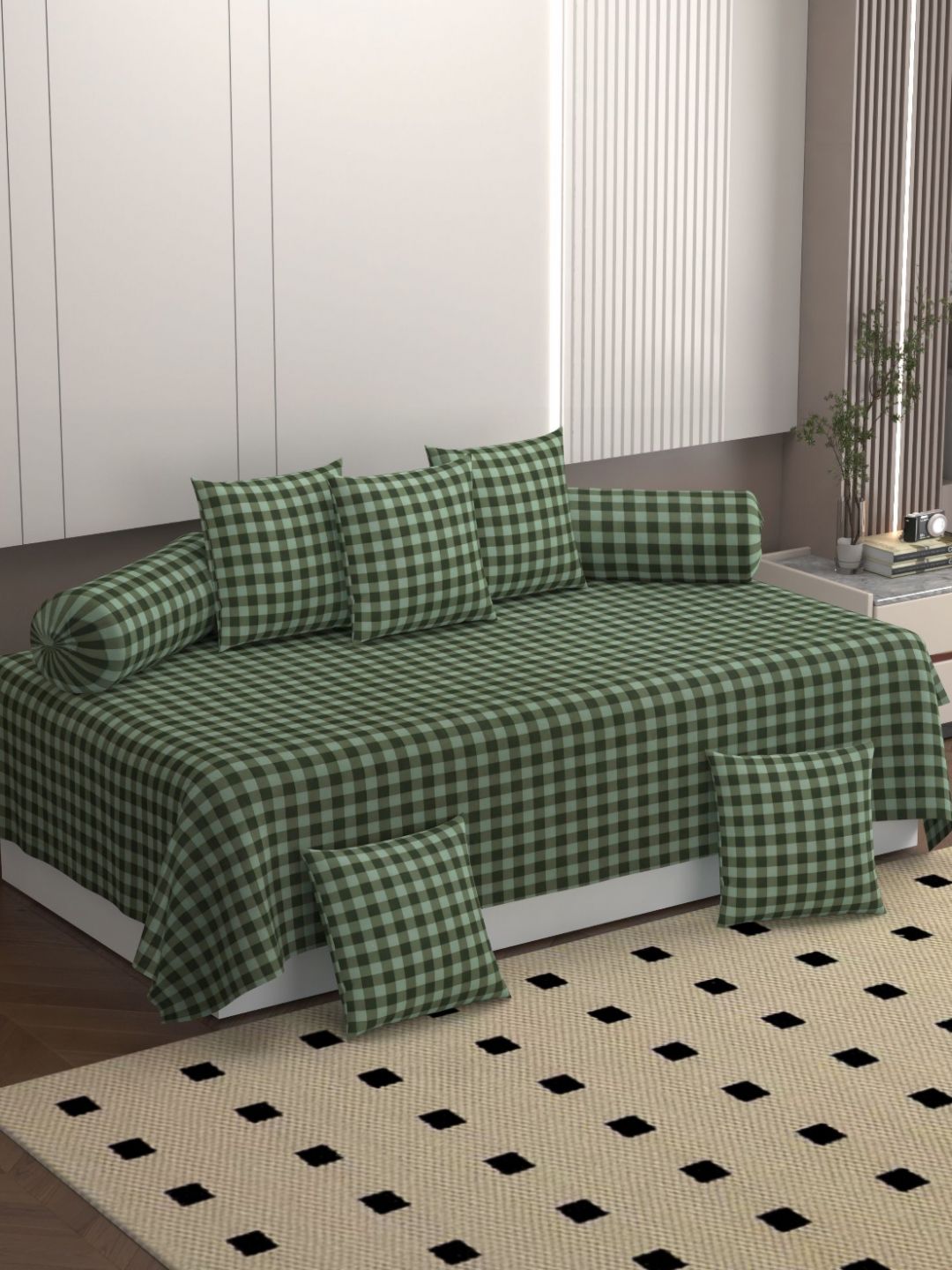 BELVOSTUM Green Checked Bedsheet With Bolster And Cushion Covers-picture-45