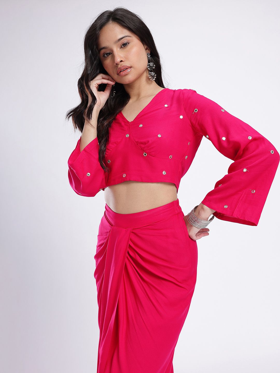 fusion by glitchez Mirror Work V-Neck Styled Back Pleated Co-Ords with Tie-Ups-picture-25