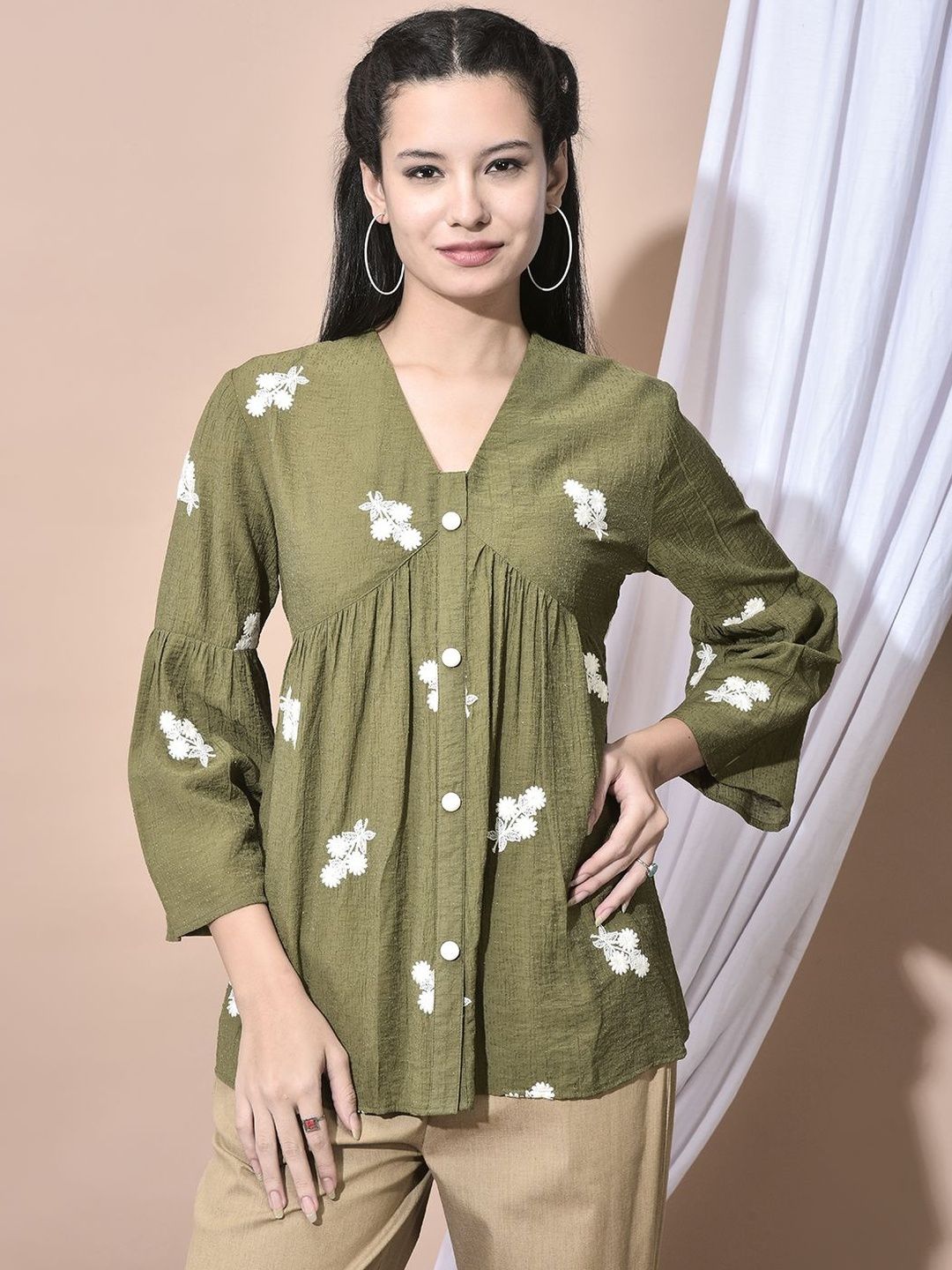 FFU Floral Embroidered Bell Sleeve Empire Regular Top-image-45
