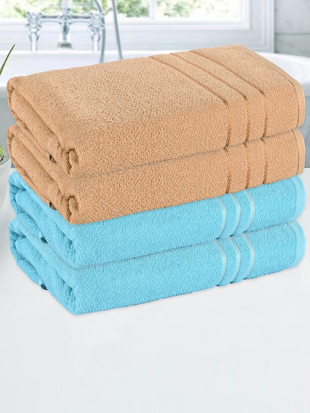 Aura Blue & Brown 4 Pieces Striped Cotton 150 GSM Bath Towels-picture-16