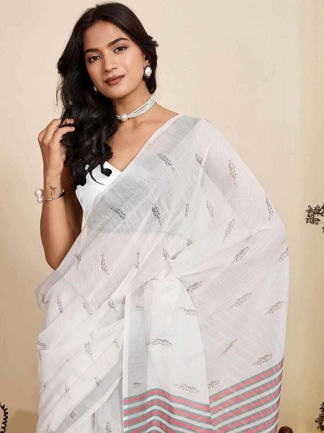 NIWAA Ethnic Motifs Zari Pure Linen Handloom Saree-picture-21