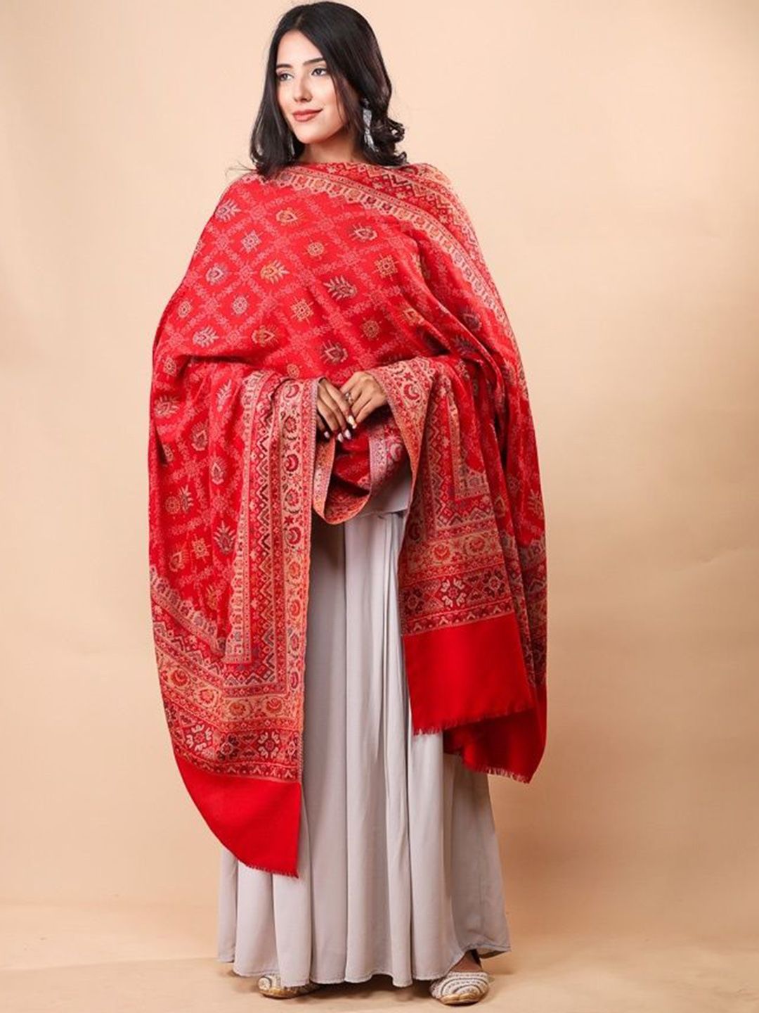 THE SHAWL STUDIO Ethnic Motifs Woven Design Cross Block Border Kani Shawl-picture-33