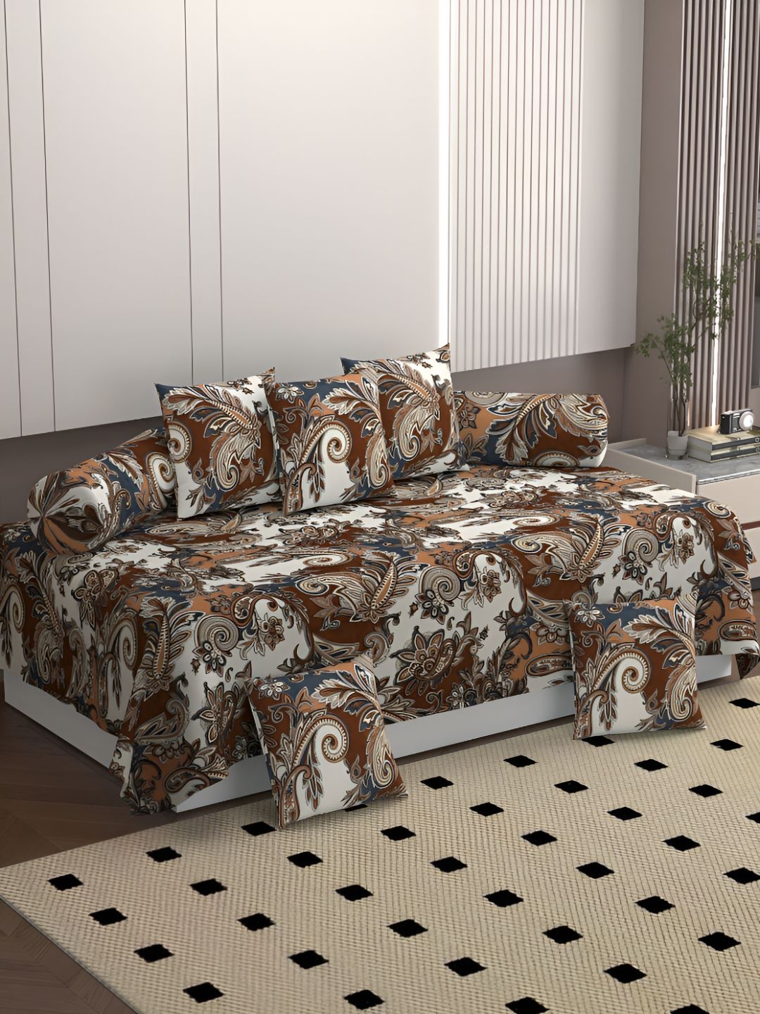 BELVOSTUM 8Pcs White & Brown Printed 8 Pieces Diwan Set-image-49
