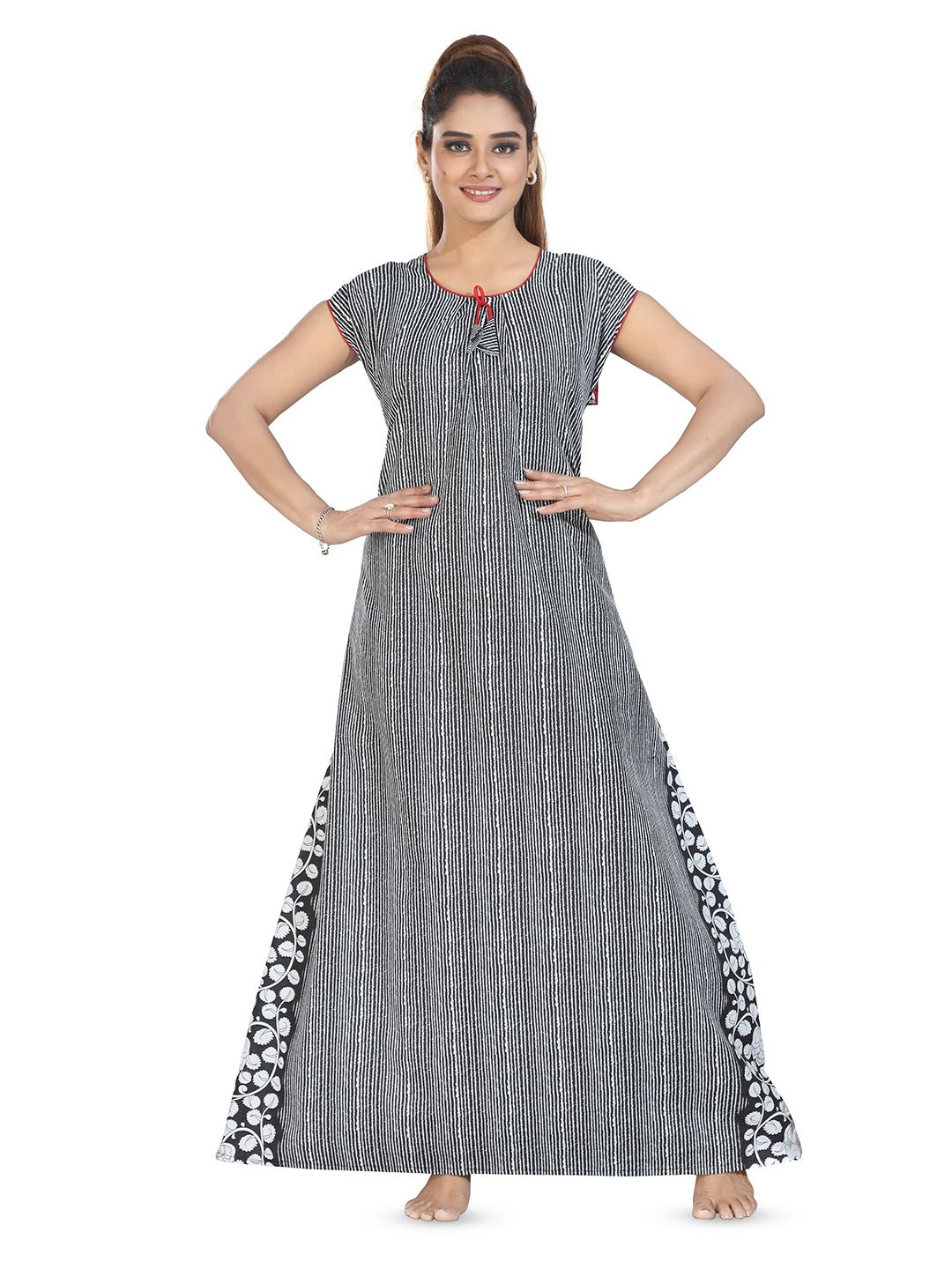 NIGHTY KING Women Striped Round Neck Maxi Nightdress-picture-29