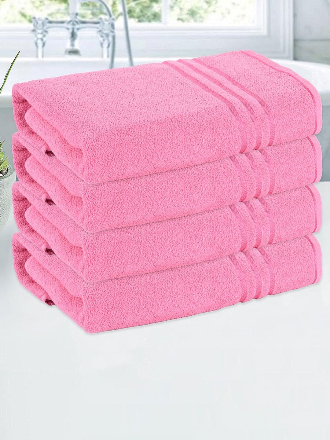 Aura Pink 4 Pieces Striped Cotton 150 GSM Bath Towels-picture-39