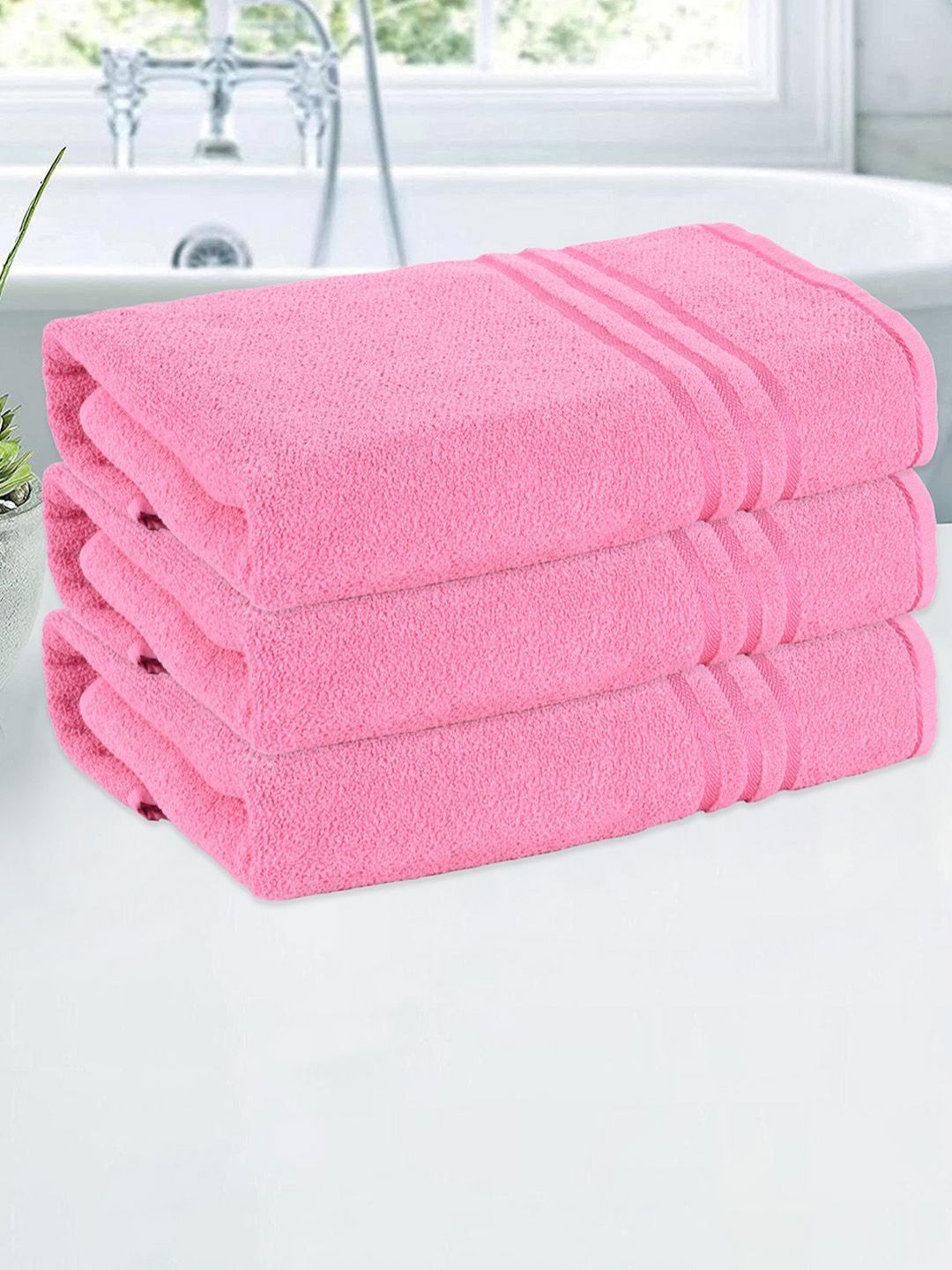 Aura Pink 3 Pieces Striped Cotton 150 GSM Bath Towels-picture-12