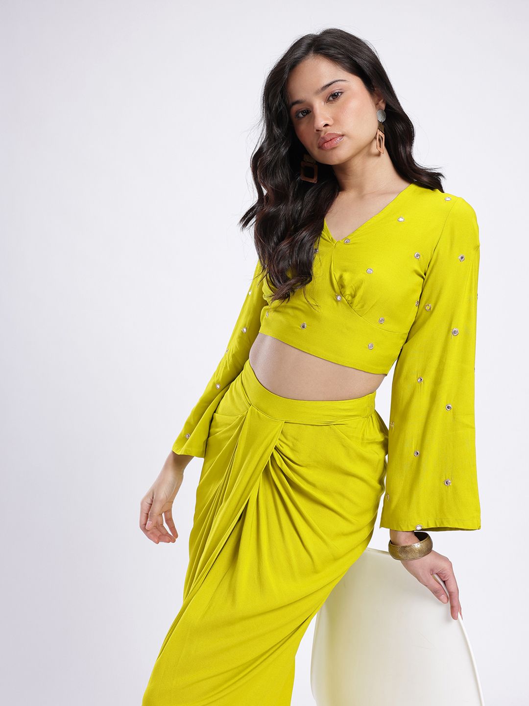 fusion by glitchez Mirror Work V-Neck Styled Back Pleated Co-Ords with Tie-Ups-picture-17