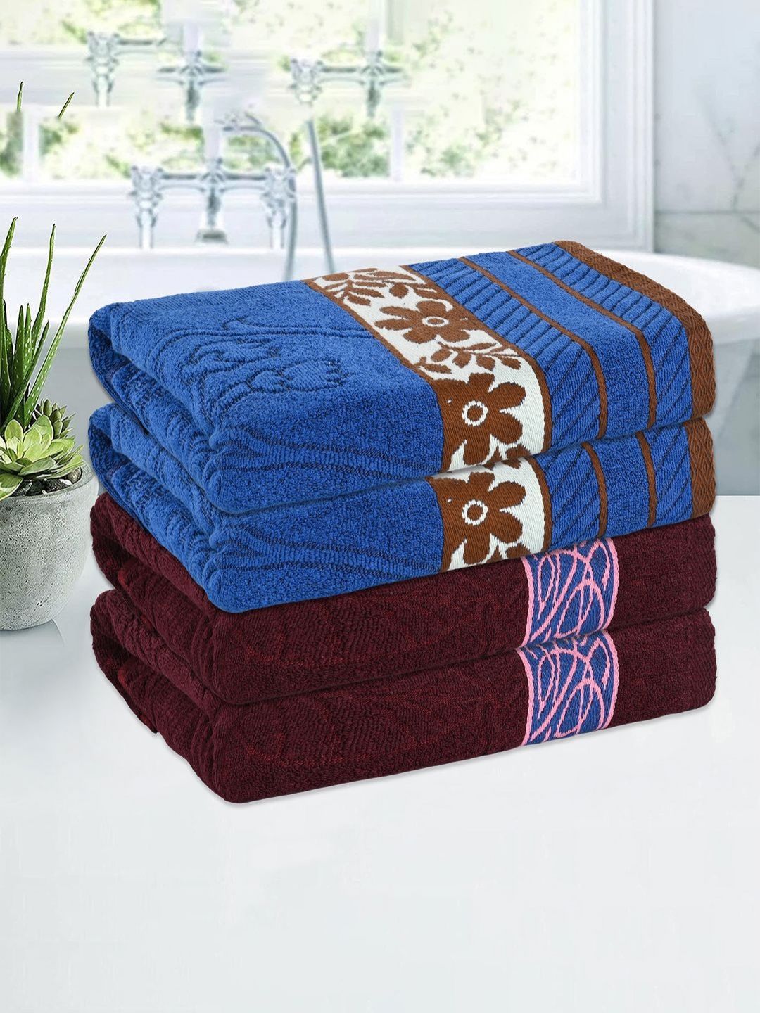 Aura Maroon & Blue 4 Pieces Cotton 150 GSM Bath Towels-picture-30