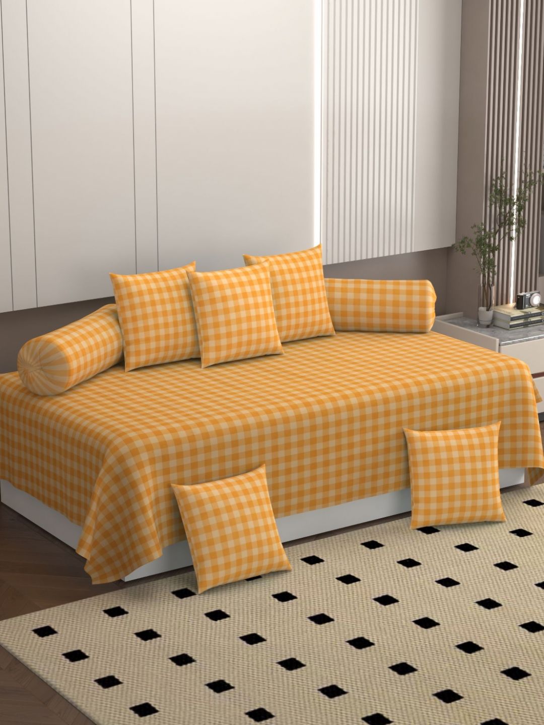 BELVOSTUM Orange Checked Bedsheet With Bolster And Cushion Covers-picture-51