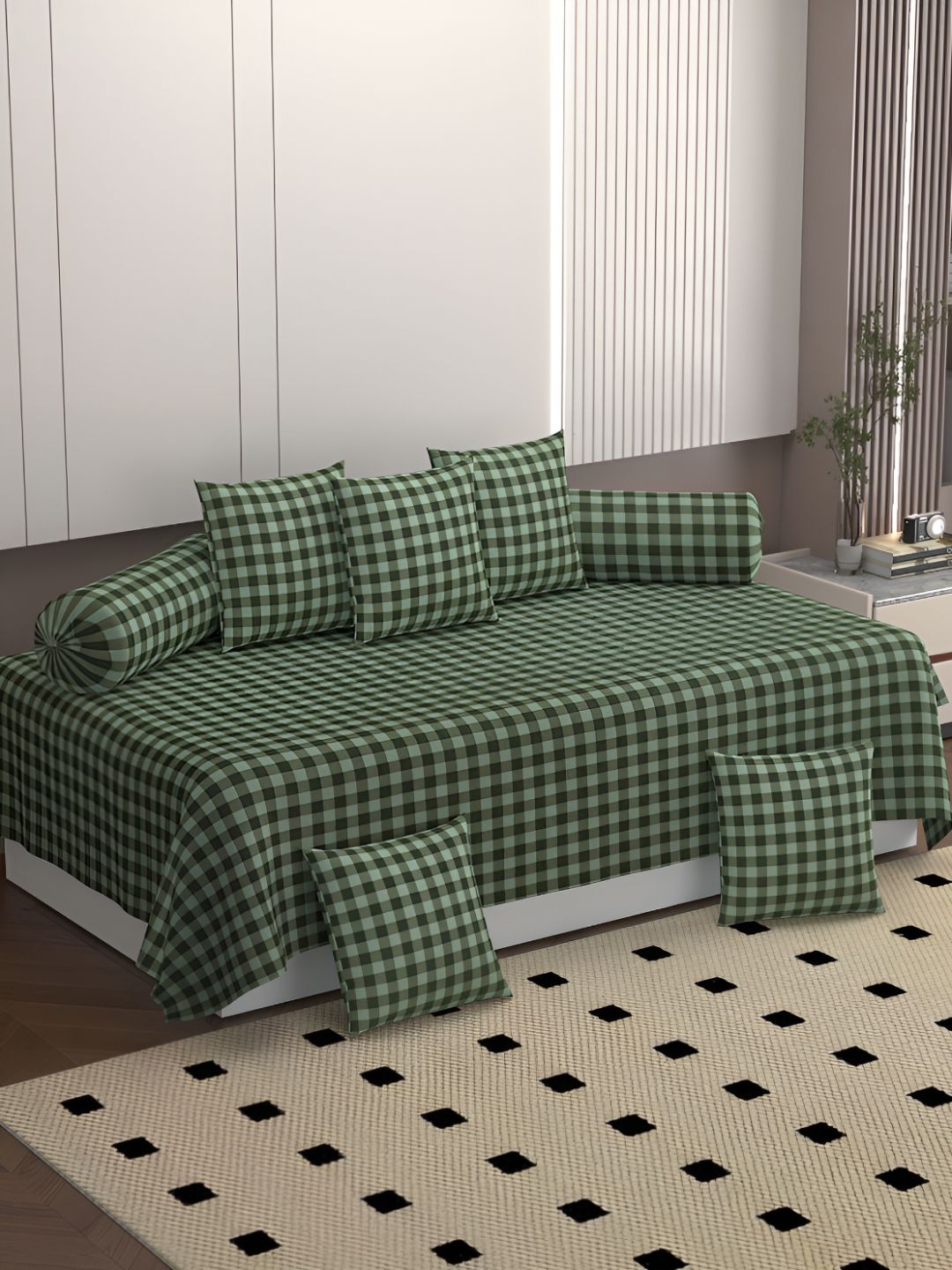 BELVOSTUM Green Checked 8 Pieces Diwan Set-image-30