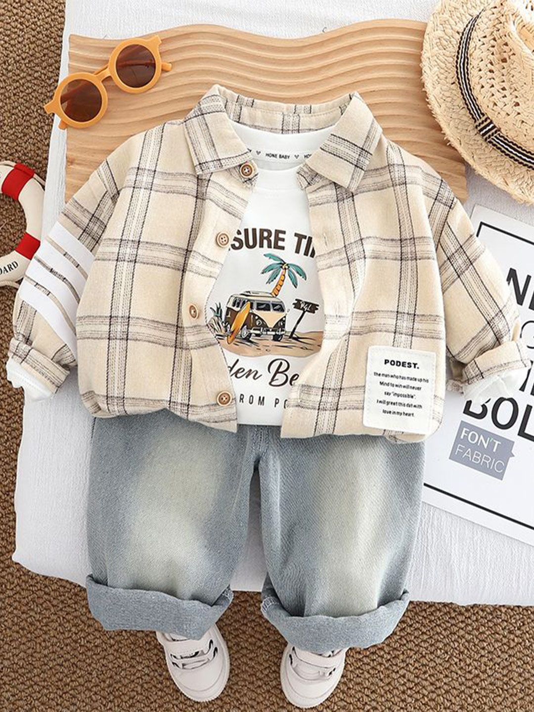 StyleCast x Revolte Boys Checked Shirt Collar Pure Cotton T-shirt and Shirt with Trousers-picture-23