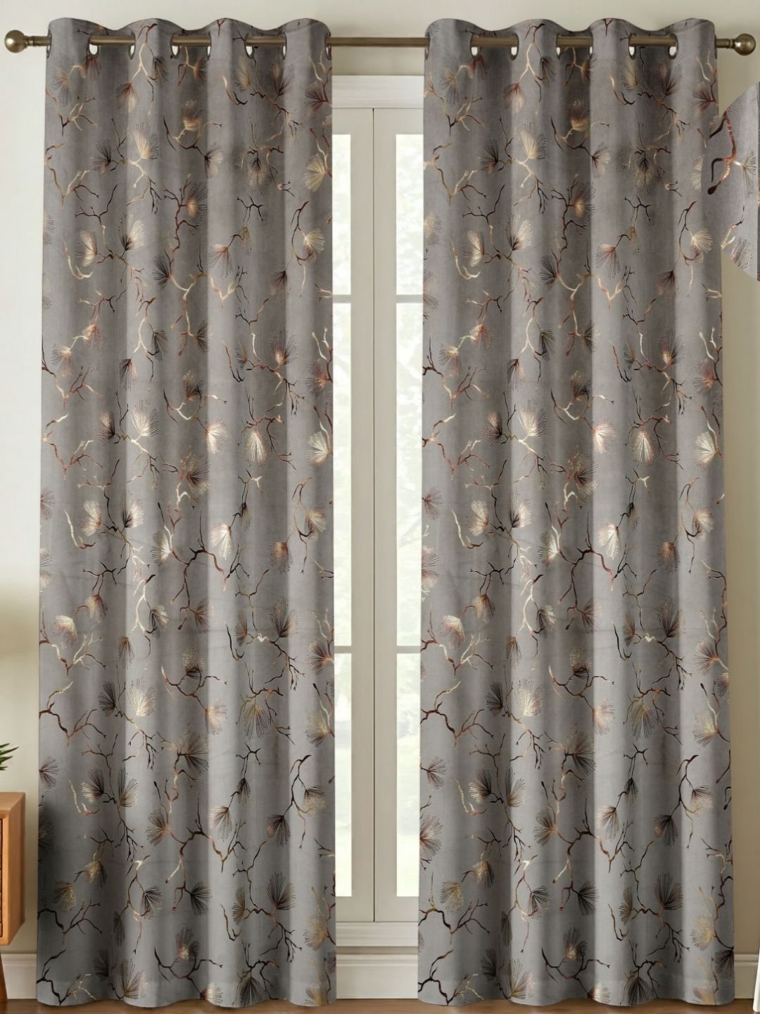 GEET CREATIONS Grey Floral Room Darkening Velvet Window Curtains-image-2