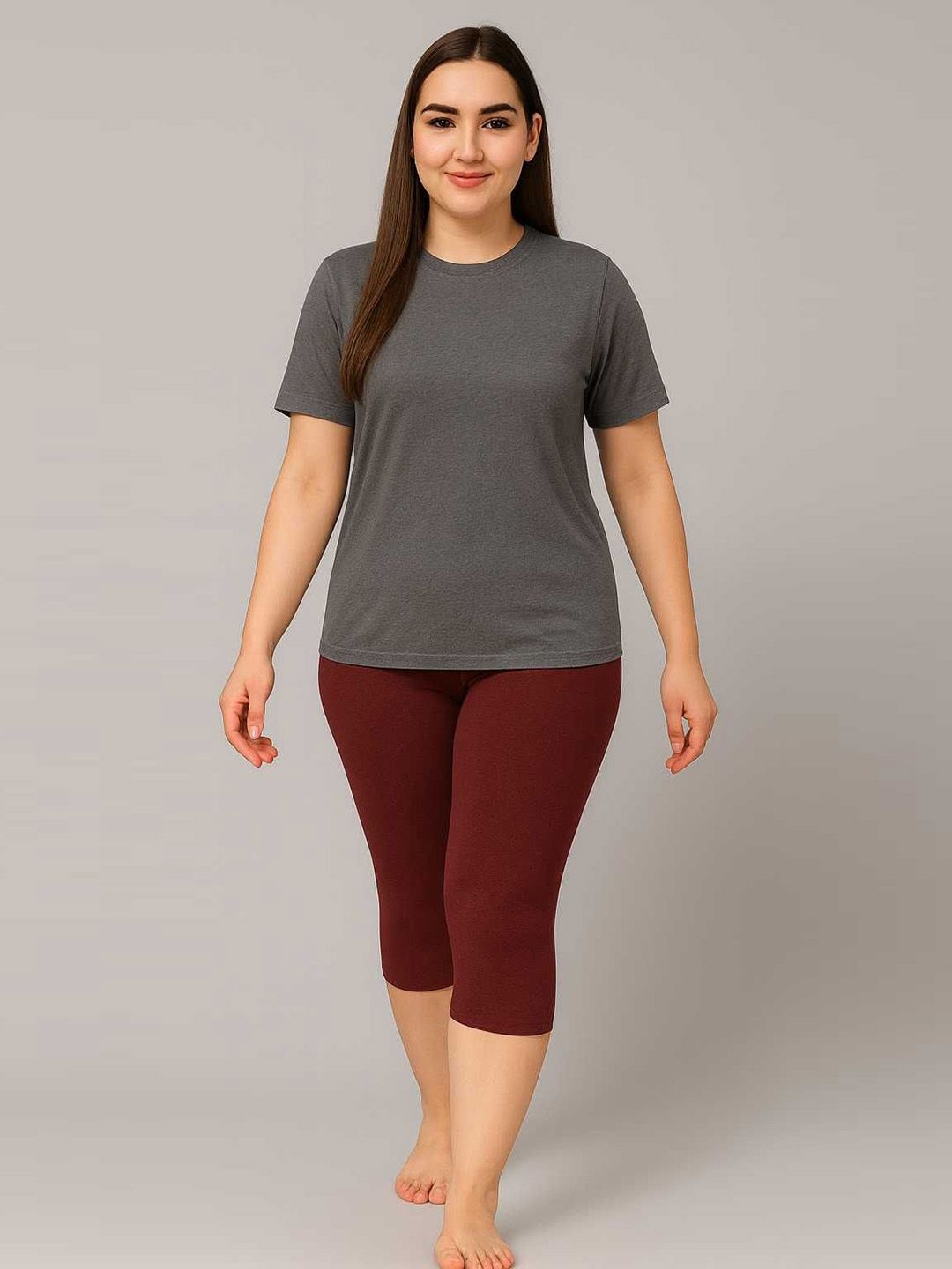 DRAXSTAR Women Plus Size Round Neck T-shirt & Capri Swimming Dress-image-32