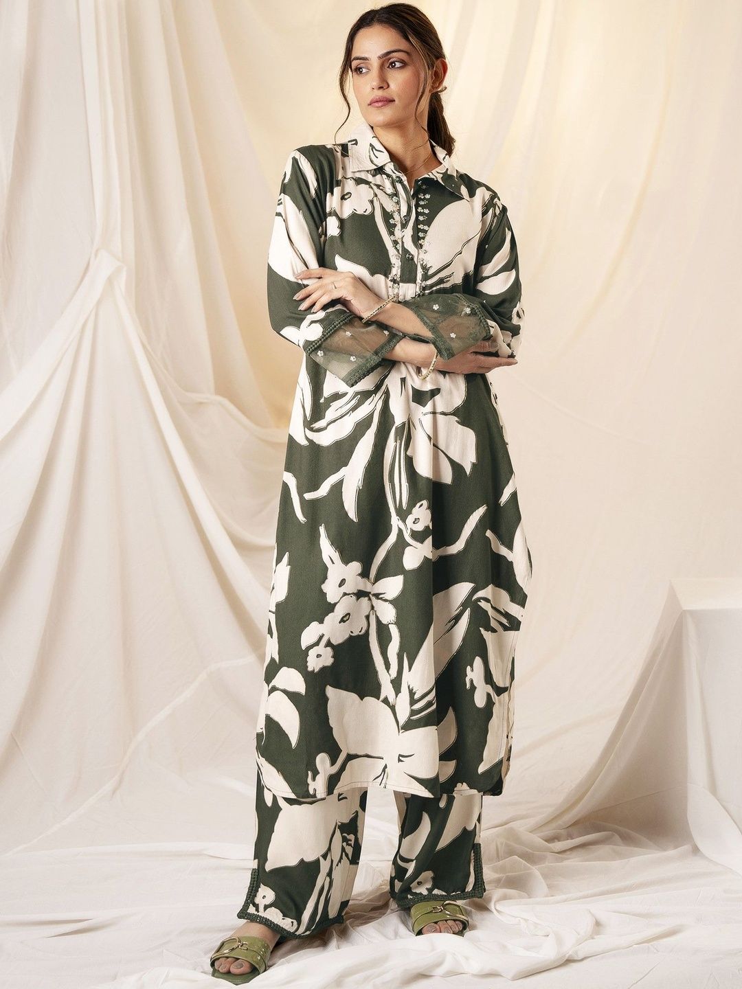 KALINI Floral Printed Shirt Collar Beads And Stones Kurta With Trousers-picture-32