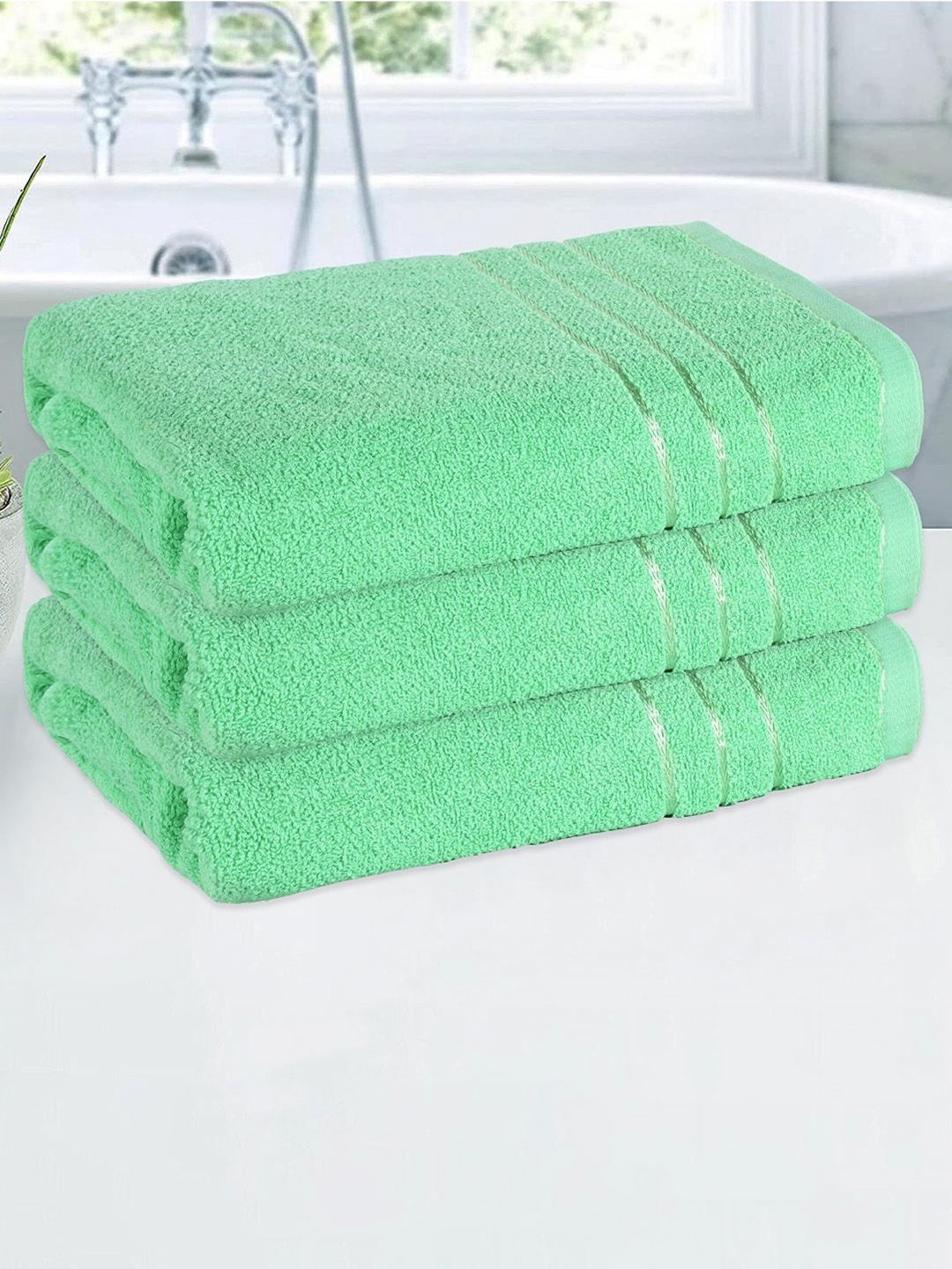 Aura Green 3 Pieces Striped Cotton 150 GSM Bath Towels-picture-29