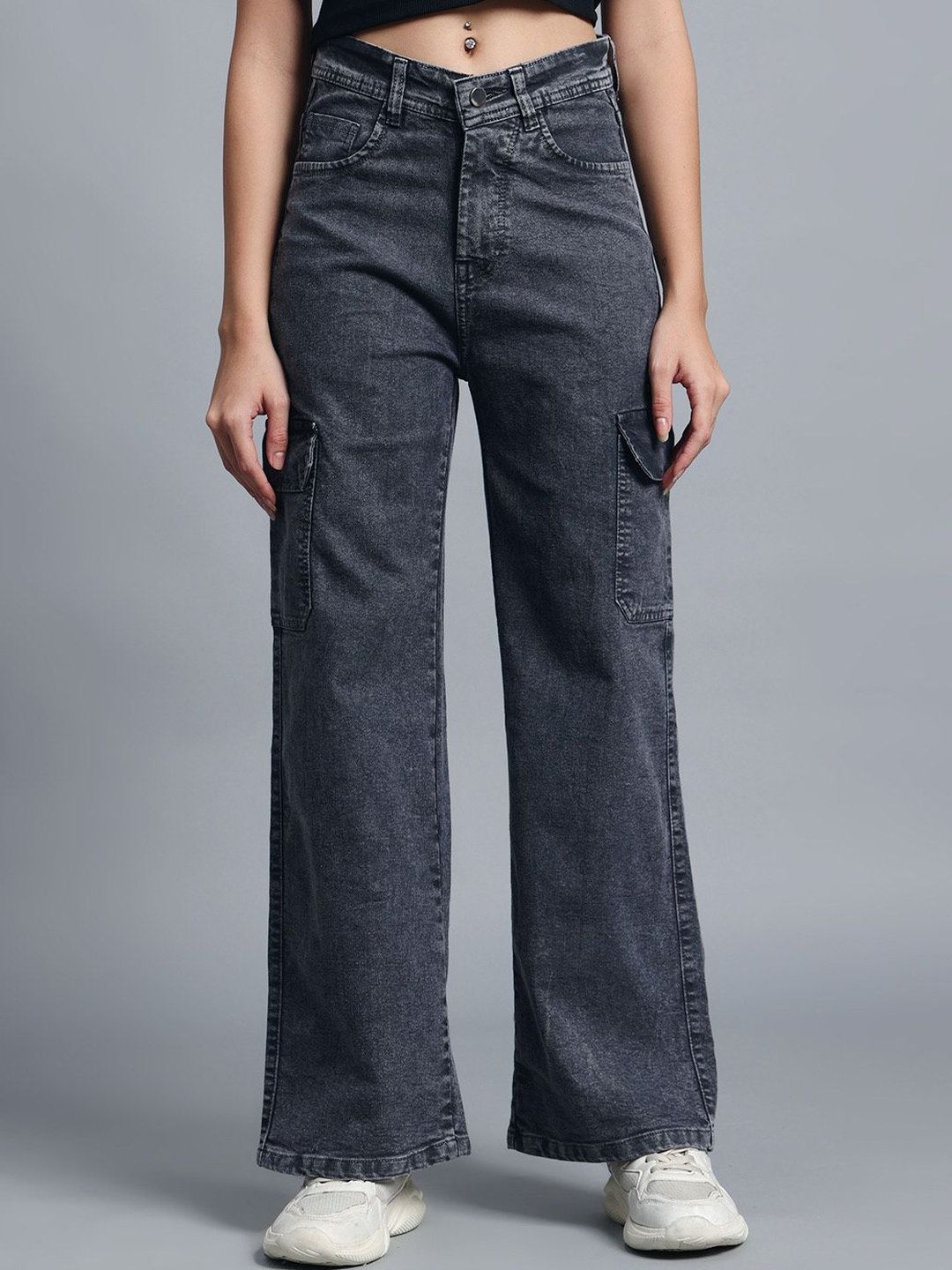 HERE&NOW Women Grey Wide Leg High-Rise Casual Jeans-image-19