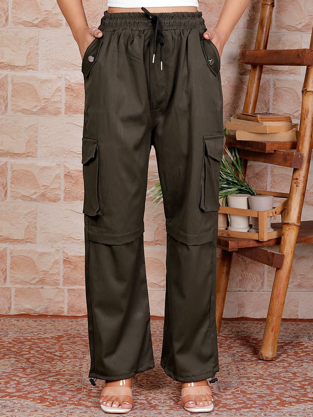 GRX Women Relaxed Fit Mid-Rise Flat-Front Cotton Cargos Trousers-picture-26