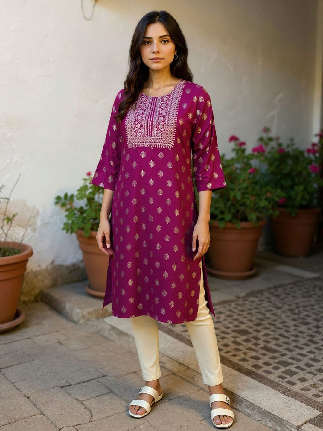 Rangita Ethnic Motifs Printed Round Neck Zari Straight Kurta-picture-11