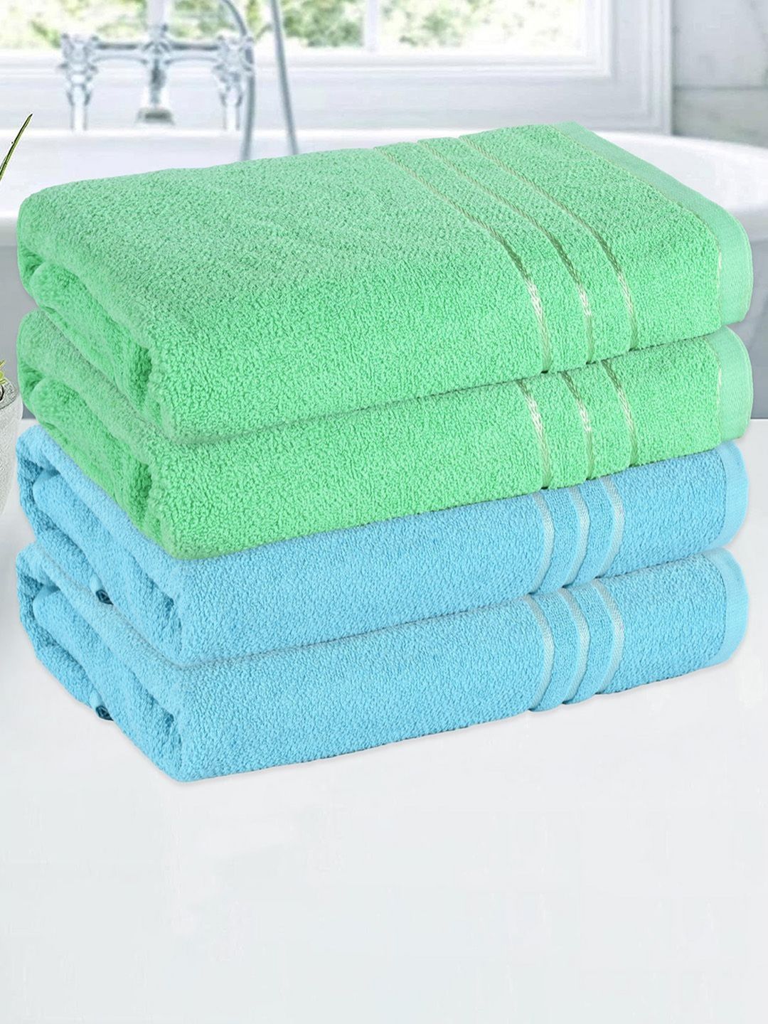 Aura Blue & Green 4 Pieces Striped Cotton 150 GSM Bath Towels-picture-37
