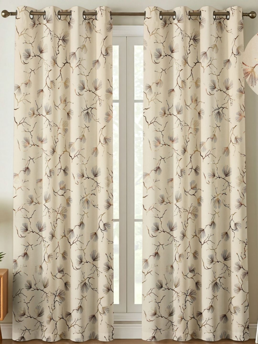 GEET CREATIONS Cream & Gold-Toned 2 Pieces Floral Room Darkening Velvet Window Curtains-image-34