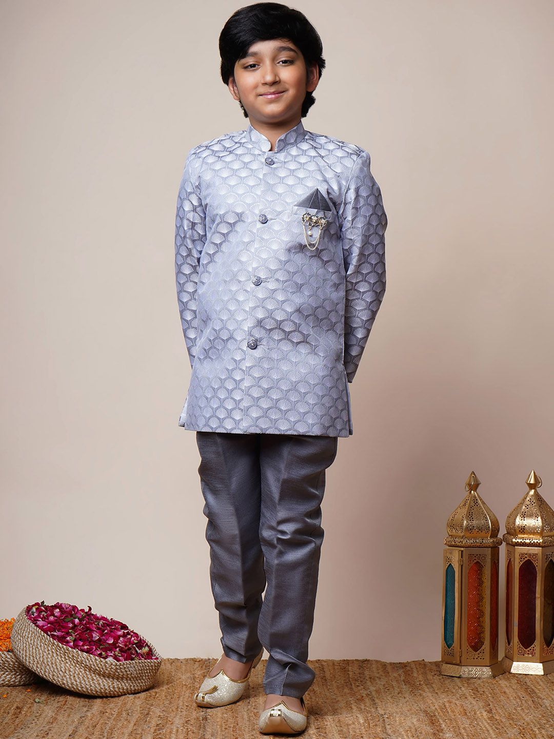 BT DEZINES Boys Ethnic Motifs Brocade Mandarin Collar Straight Kurti with Trousers-image-45