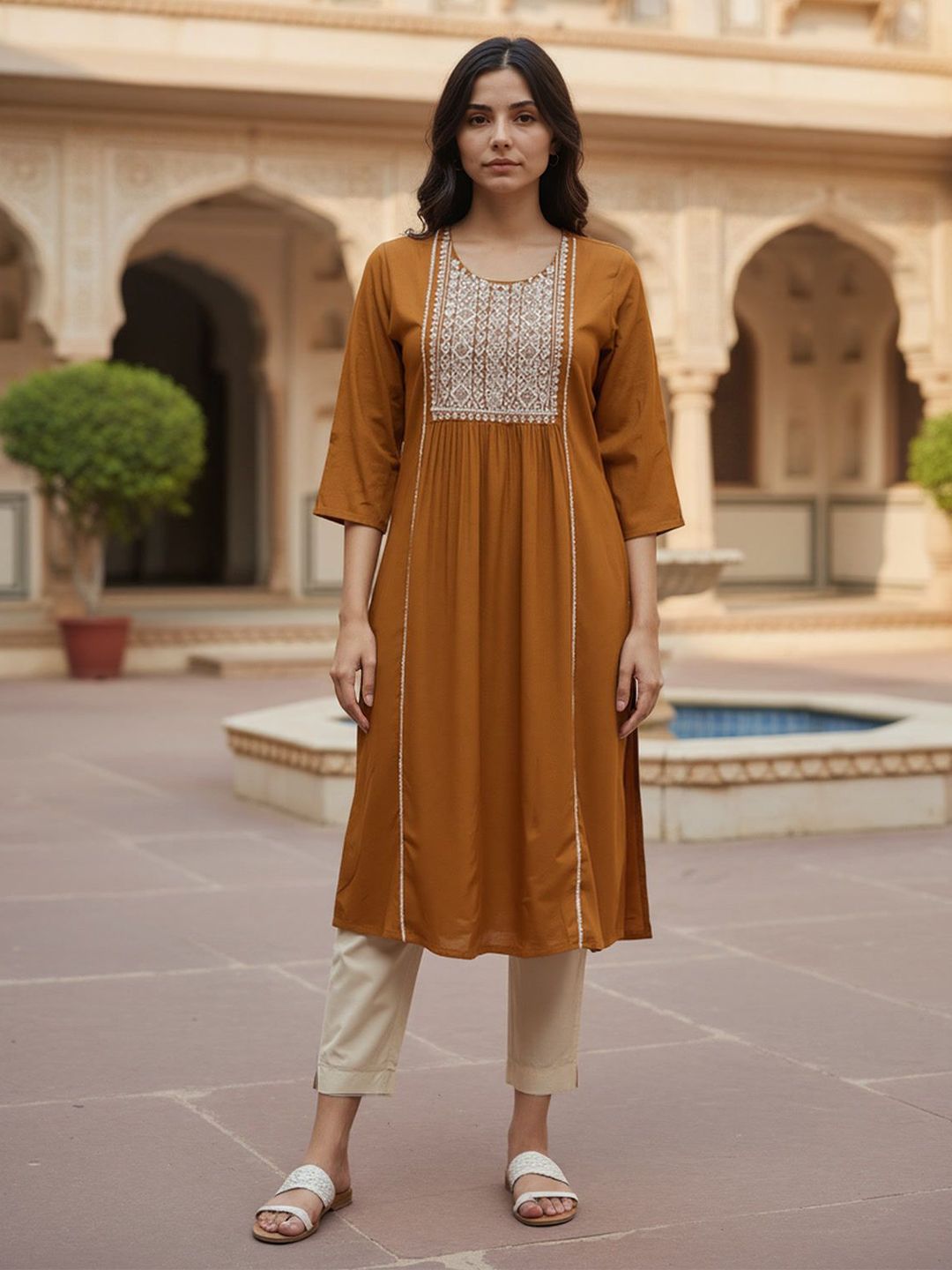 Rangita Women Ethnic Motifs Embroidered Round Neck Thread Work A-Line Kurta-picture-23