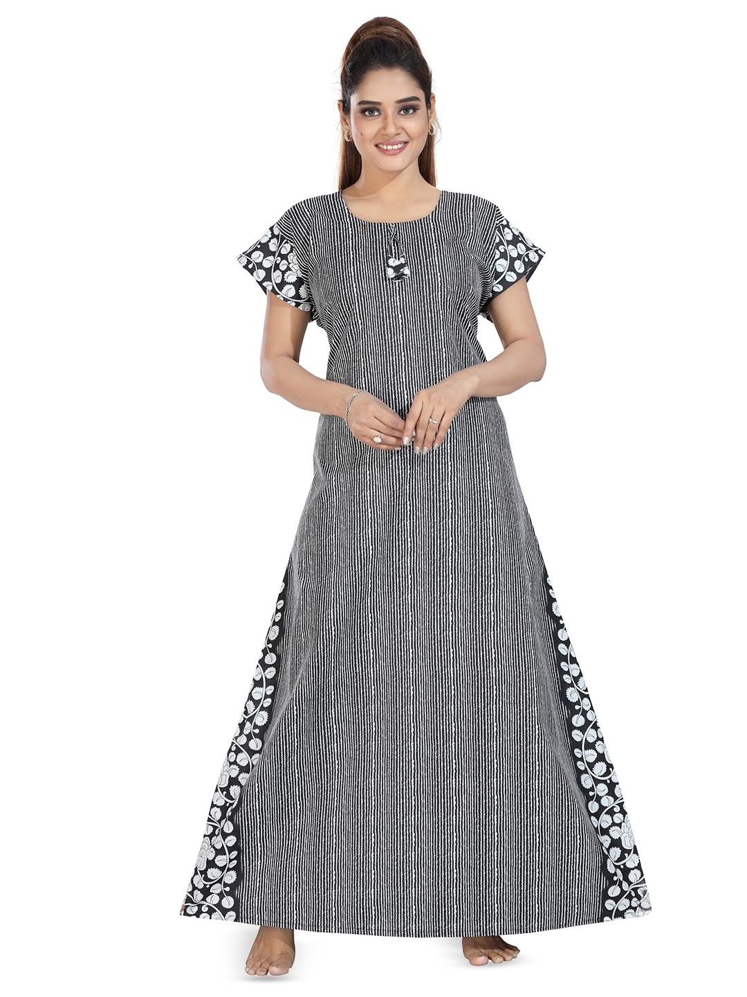 NIGHTY KING Women Striped Round Neck Regular Maxi Nightdress-picture-30