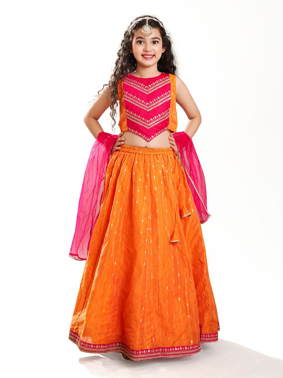 Bitiya by Bhama Girls Embroidered Zari Ready to Wear Lehenga & Blouse With Dupatta-picture-32
