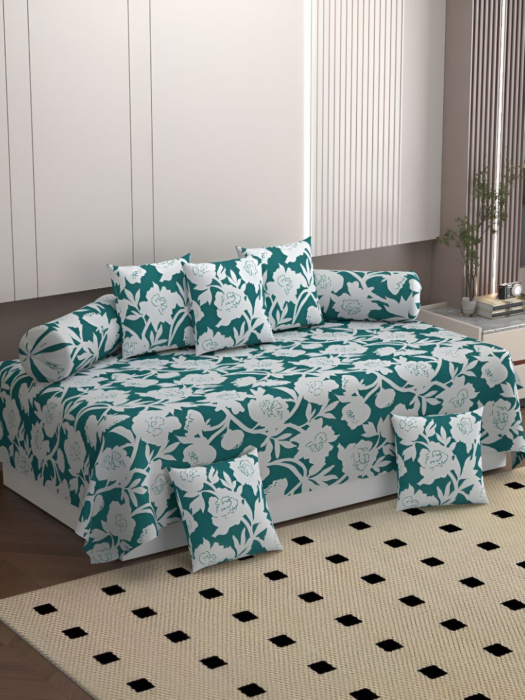 BELVOSTUM 8 Pieces Green & White Floral Printed Diwan Set-picture-18