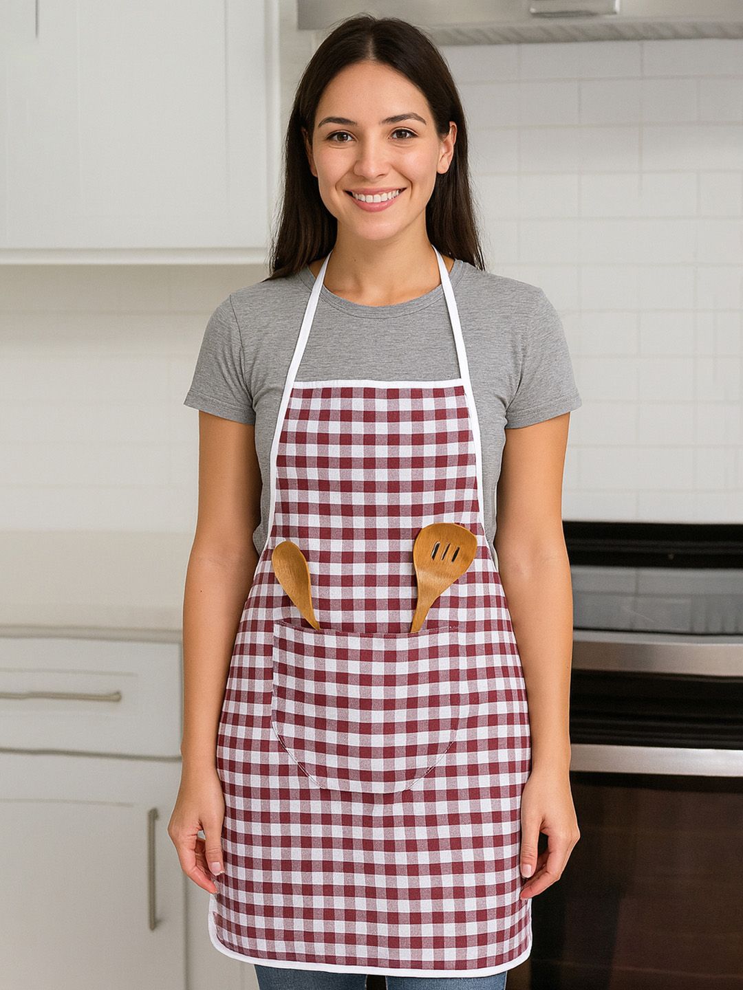 Aura Maroon & White Checked Cotton Apron With Front Pocket-image-30