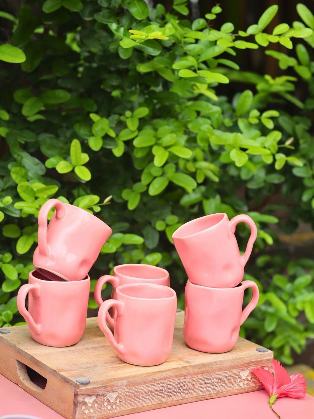 WEAVING HOMES Pink 6 Pieces Ceramic Glossy Mugs-320 ml Each-picture-44