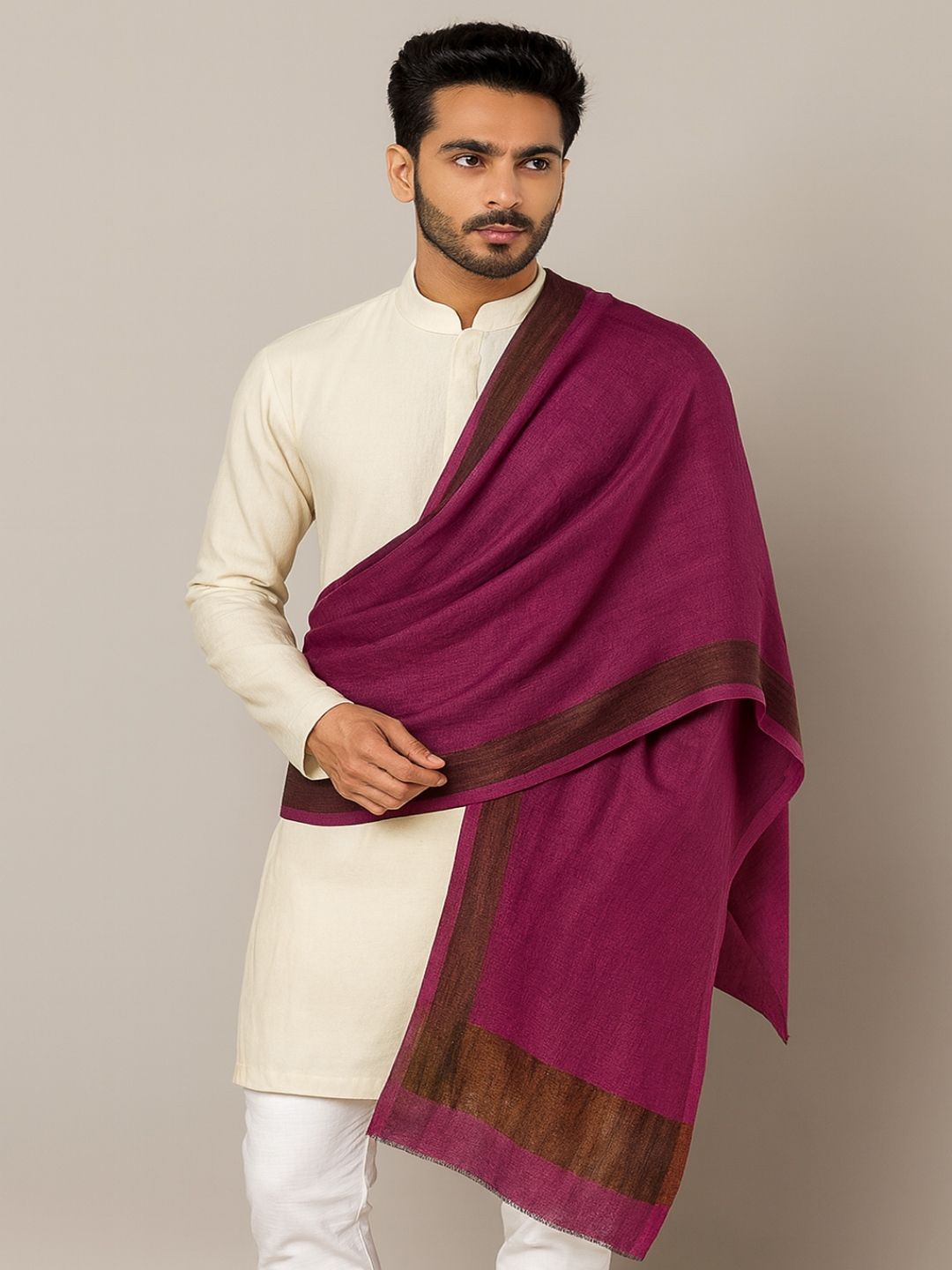 MUFFLY Men Zari Twilight Pink Solid Wool Stole with Border-picture-15