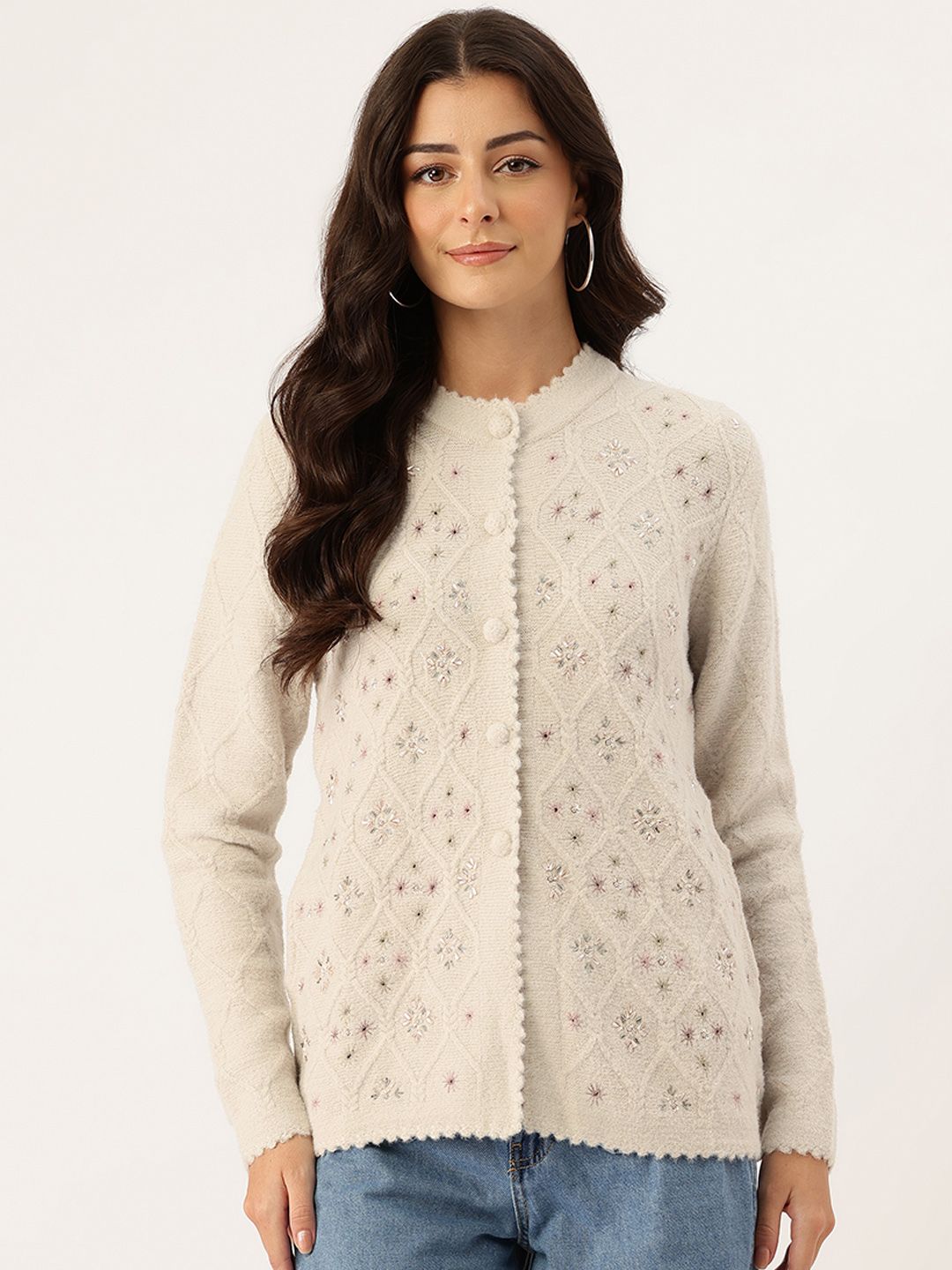 APSLEY Self Design Floral Embroidery Scallop Hem Cardigan-picture-31