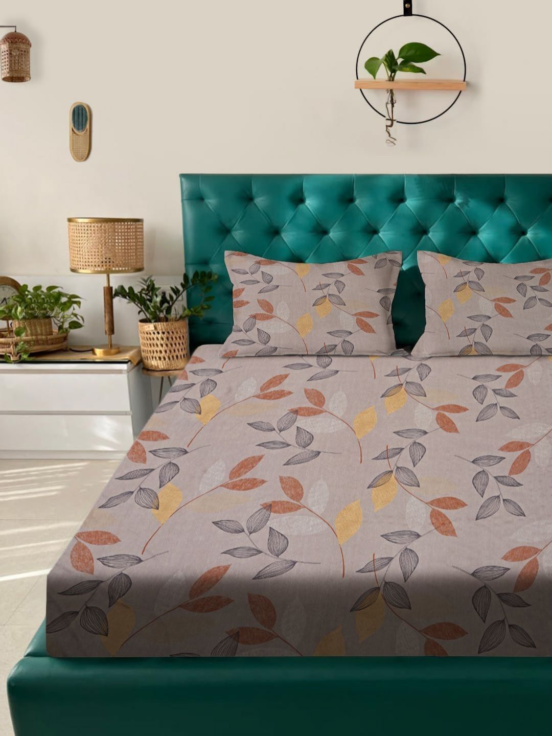 ROSARA HOME Brown & Grey Floral Printed Cotton 180 TC Queen Bedsheet Set-picture-7