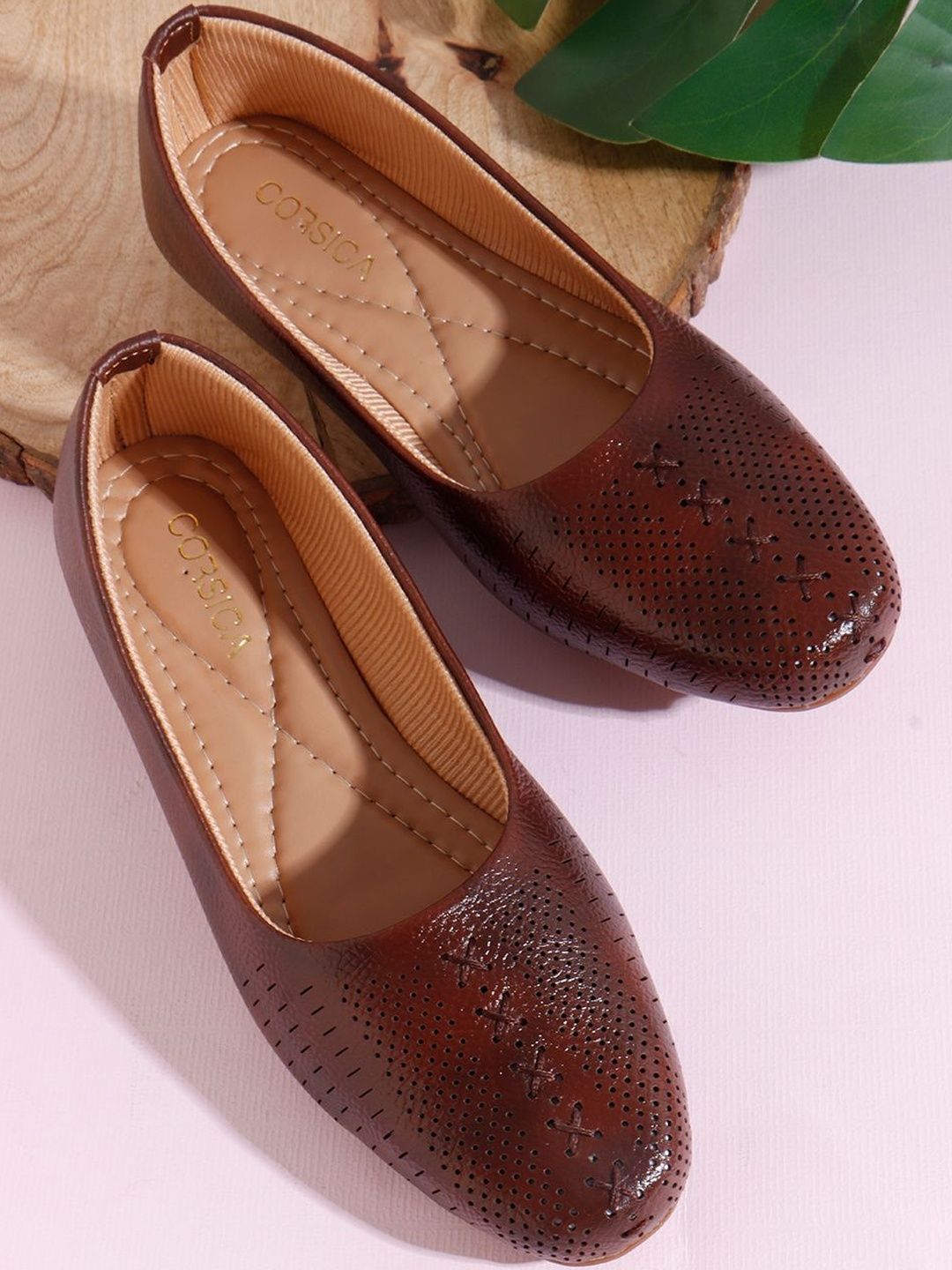 CORSICA Women Brown Laser Cuts Round Toe Slip On Leather Mojaris-image-31