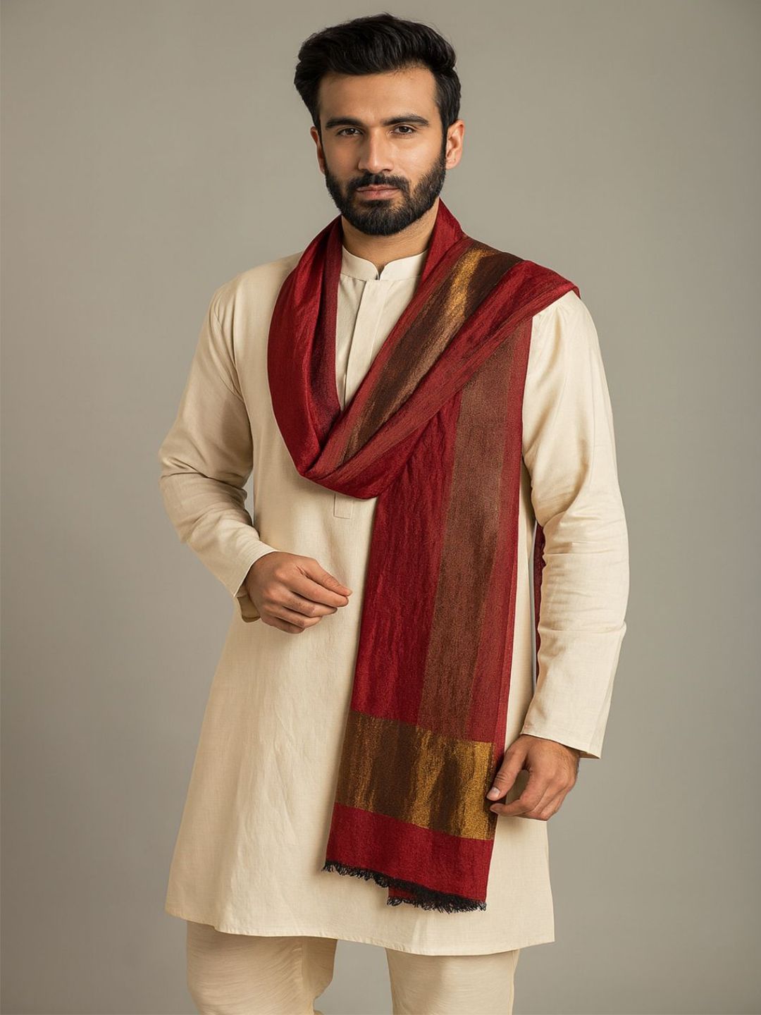MUFFLY Men Zari Twilight Solid Wool Stole with Border-picture-12