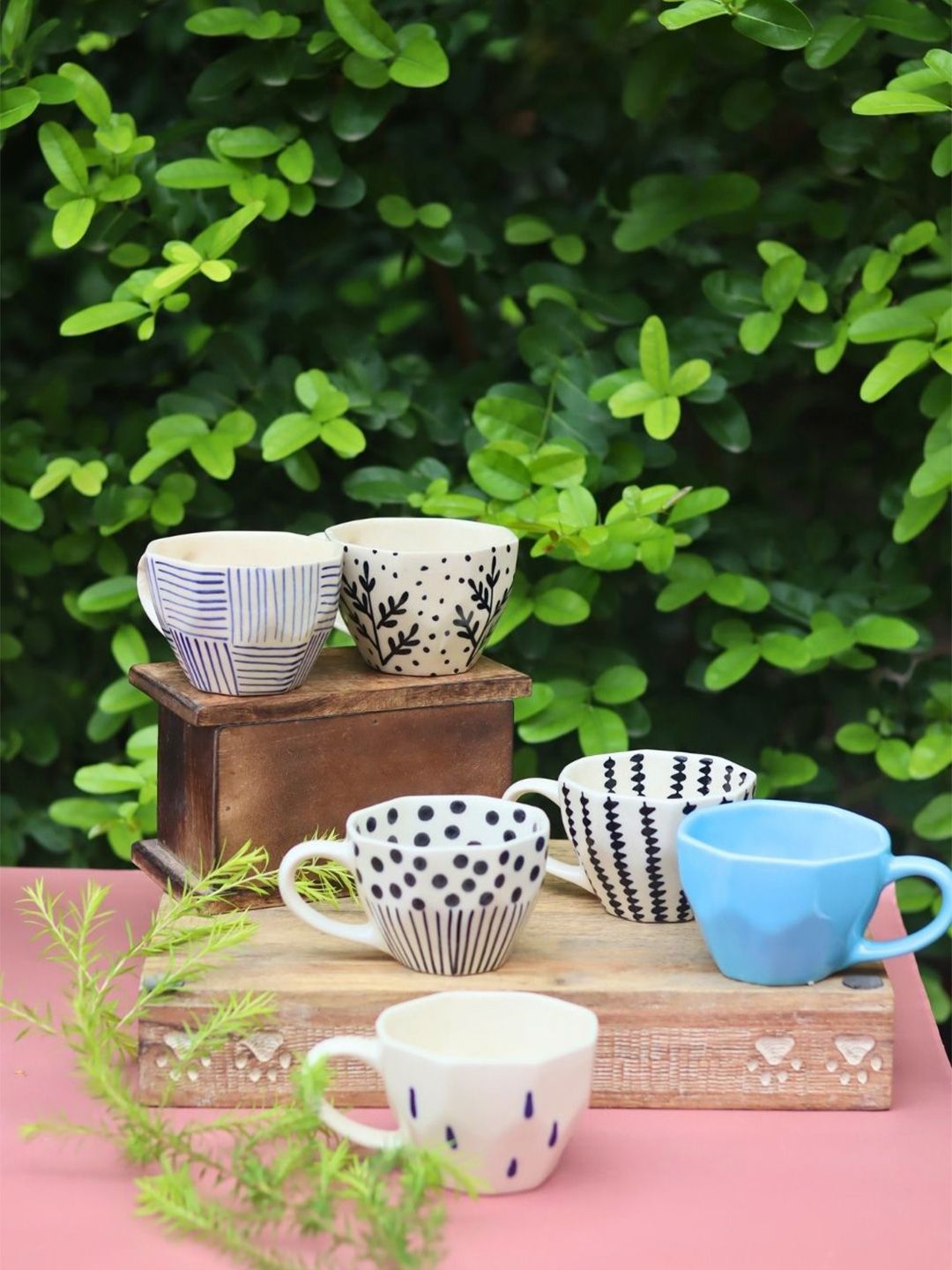 WEAVING HOMES Blue & White 6 Pieces Printed Ceramic Glossy Mugs-220 ml Each-image-18
