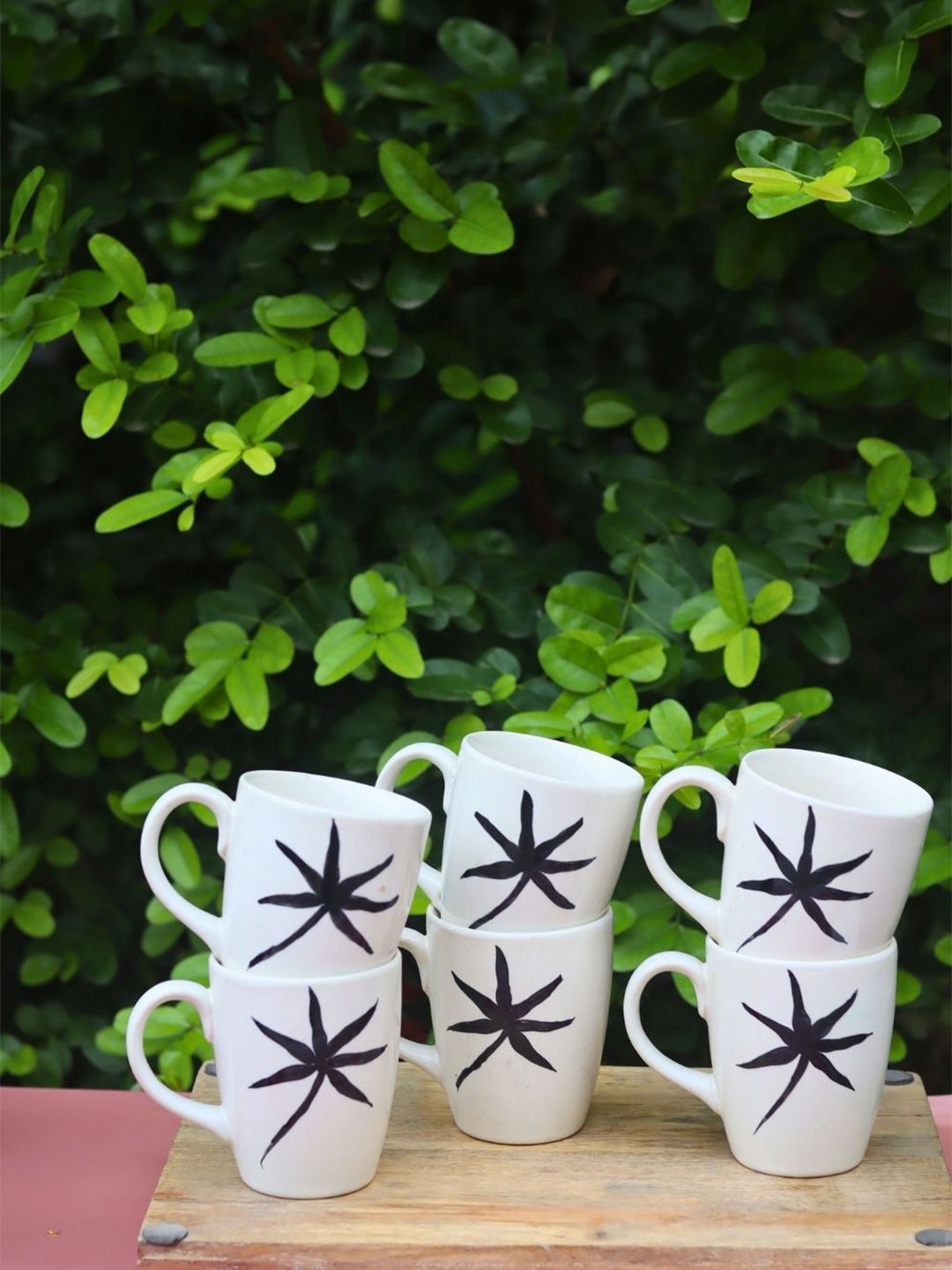 WEAVING HOMES White & Black 6 Pieces Printed Ceramic Glossy Mugs-250 ml Each-image-41