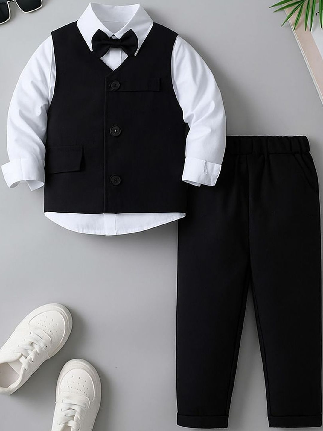 TOGEPI Boys Black & White Shirt Collar Cotton Shirt With Trouser & Waistcoat With Bow-picture-20
