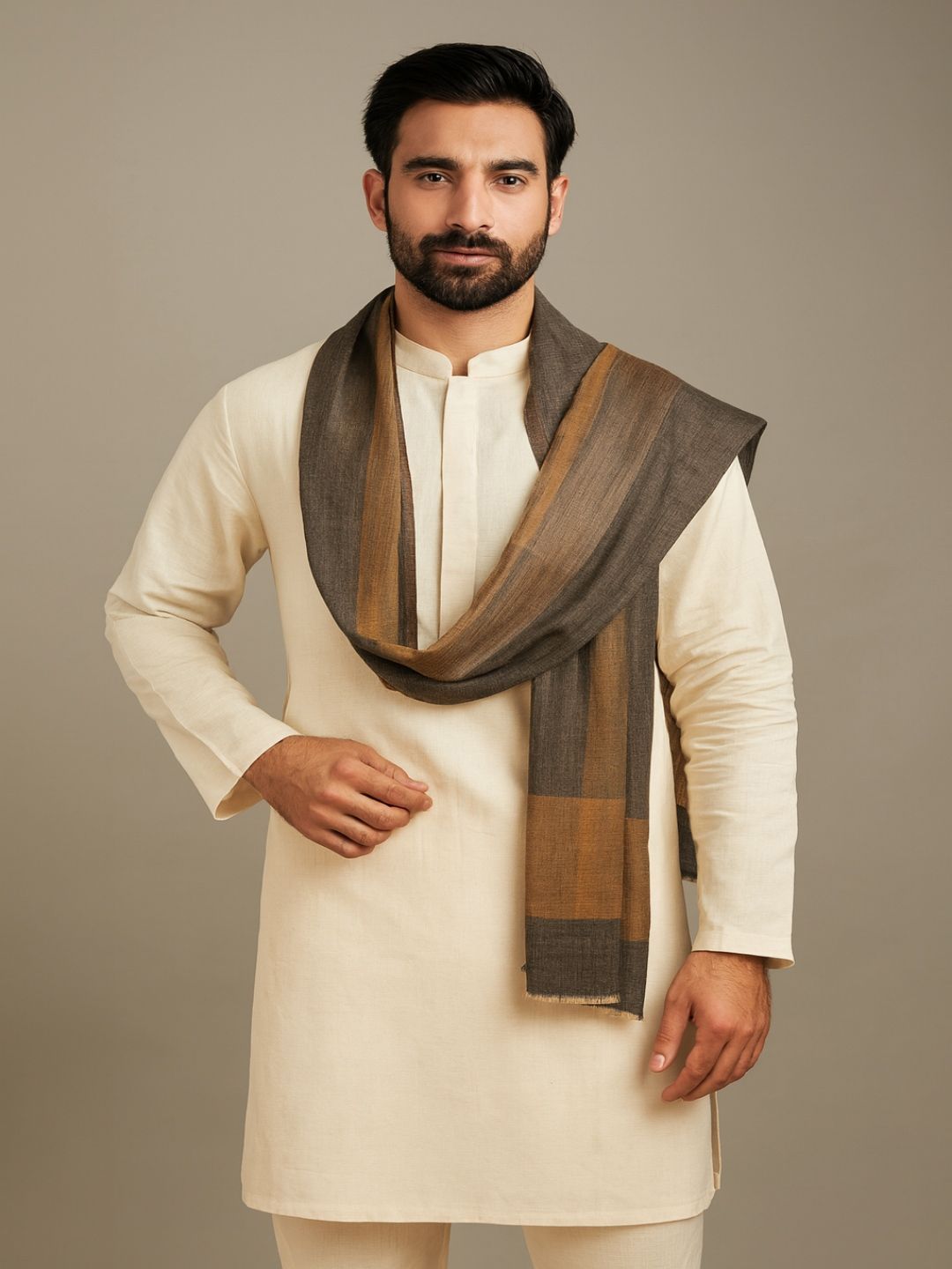MUFFLY Men Zari Twilight Solid Wool Stole with Border-picture-22