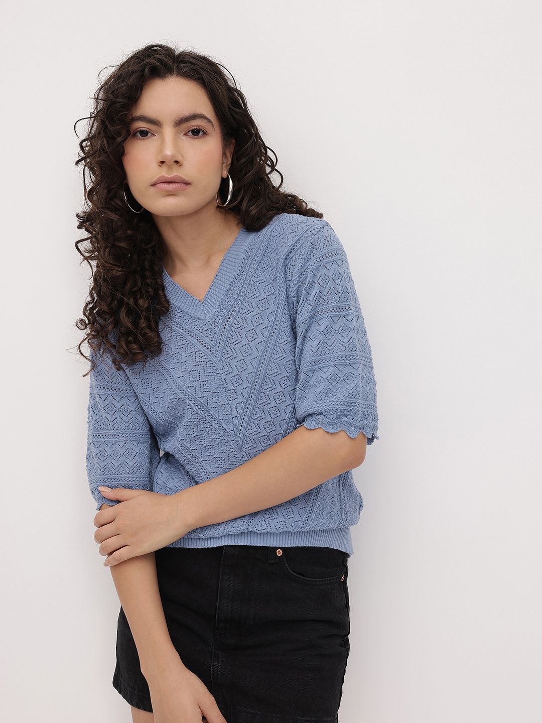 The Roadster Life Co. Knitted Self Design V-Neck Top-picture-37