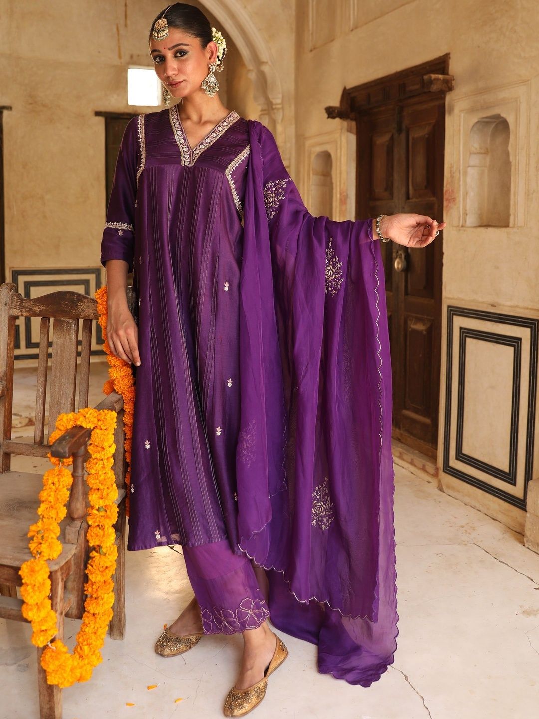 AMOREE Women Ethnic Motifs Panelled Chanderi Cotton Kurta with Trousers & Dupatta-image-20