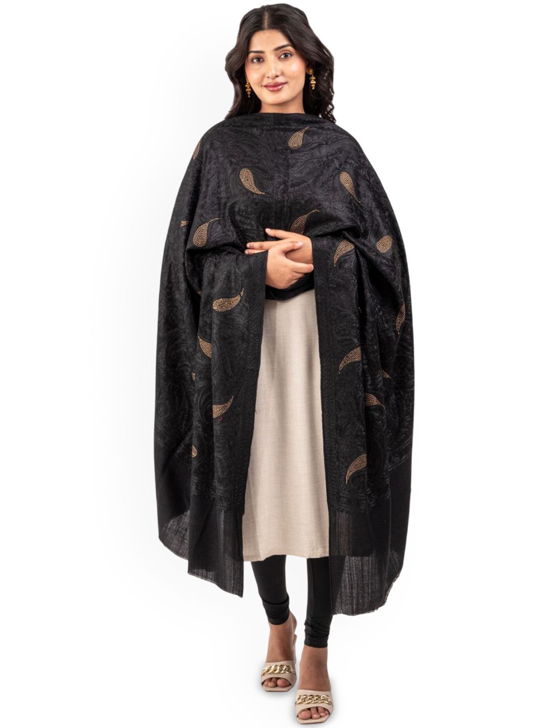 Naureen Paisley Aari Embroidered Shimmering Crystals Pashmina Woollen Shawl-picture-36